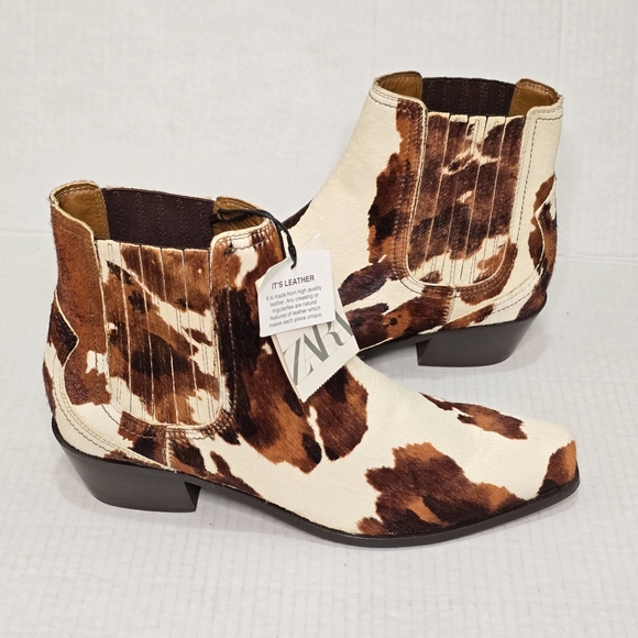 Zara Shoes - Zara Cow Print Leather Cowboy Boots Haircalf Western Ankle Women's Size 10 NWT